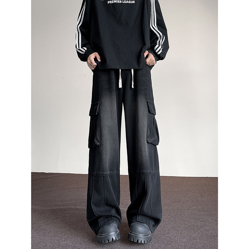 Washed Vintage Denim Men's Versatile Wide-Leg Multi-Pocket Casual Pants
