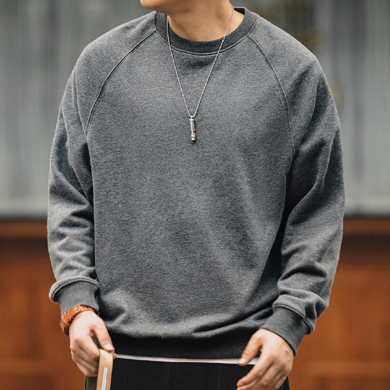 Retro Washed Heavy Looped Fabric Round Neck Sweater