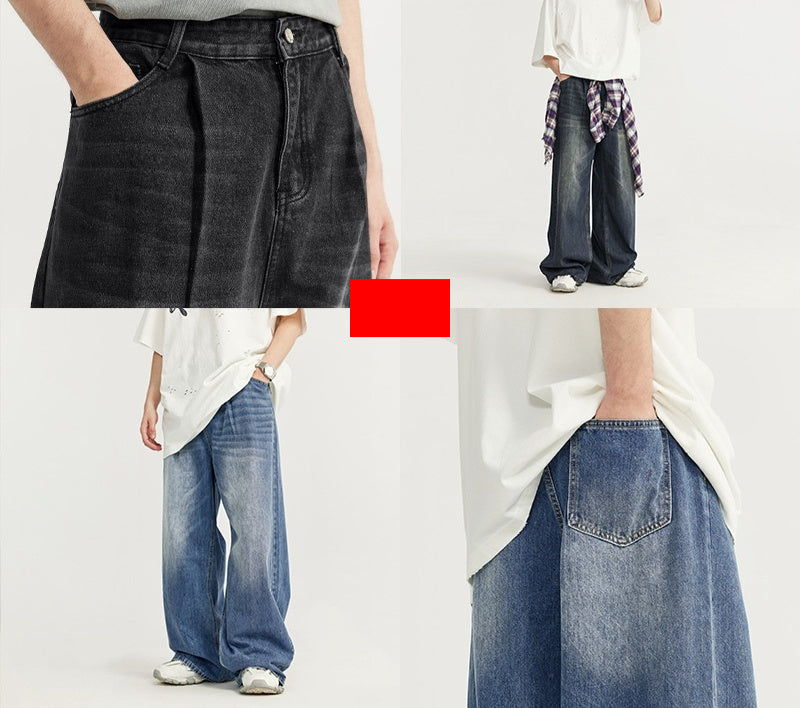 Loose Straight Men's Clothing Mid-high Waist Washed Wide Leg Jeans