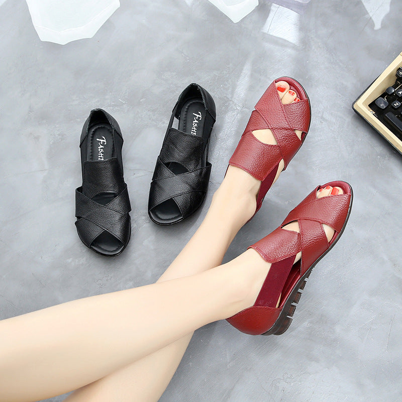 Leather Flat Two-wear Sandals Women's Wild Beef Tendon Soft Sole