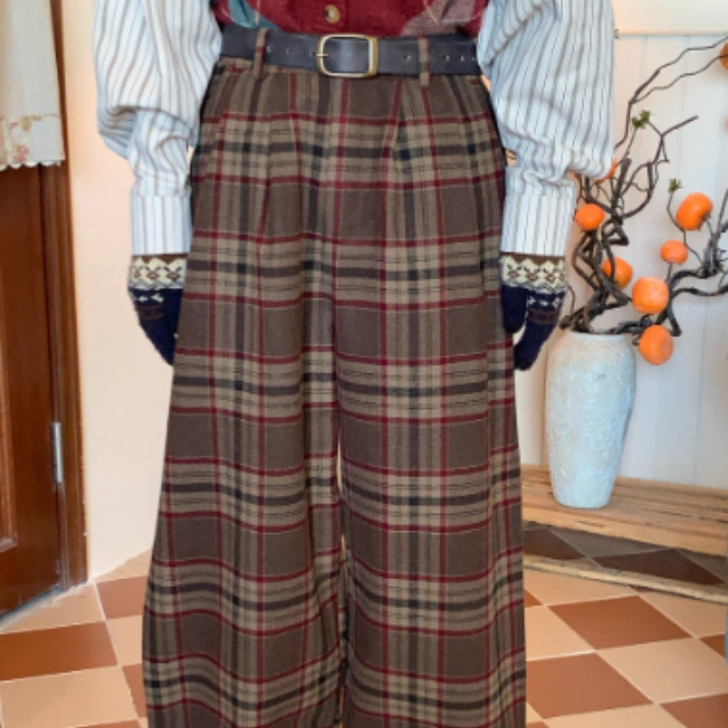 Retro Plaid Woolen Thick Casual Trousers