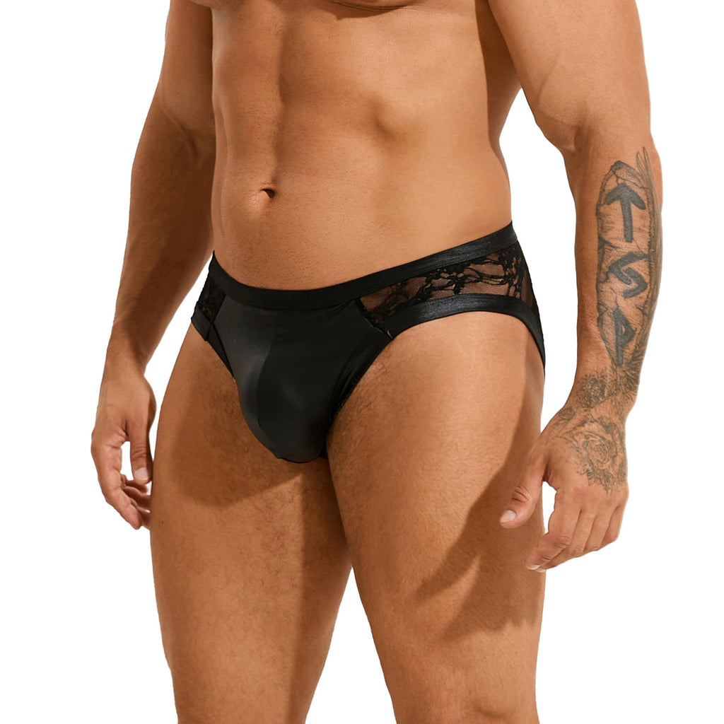 Men's Sexy Faux Leather Stitching Lace Briefs