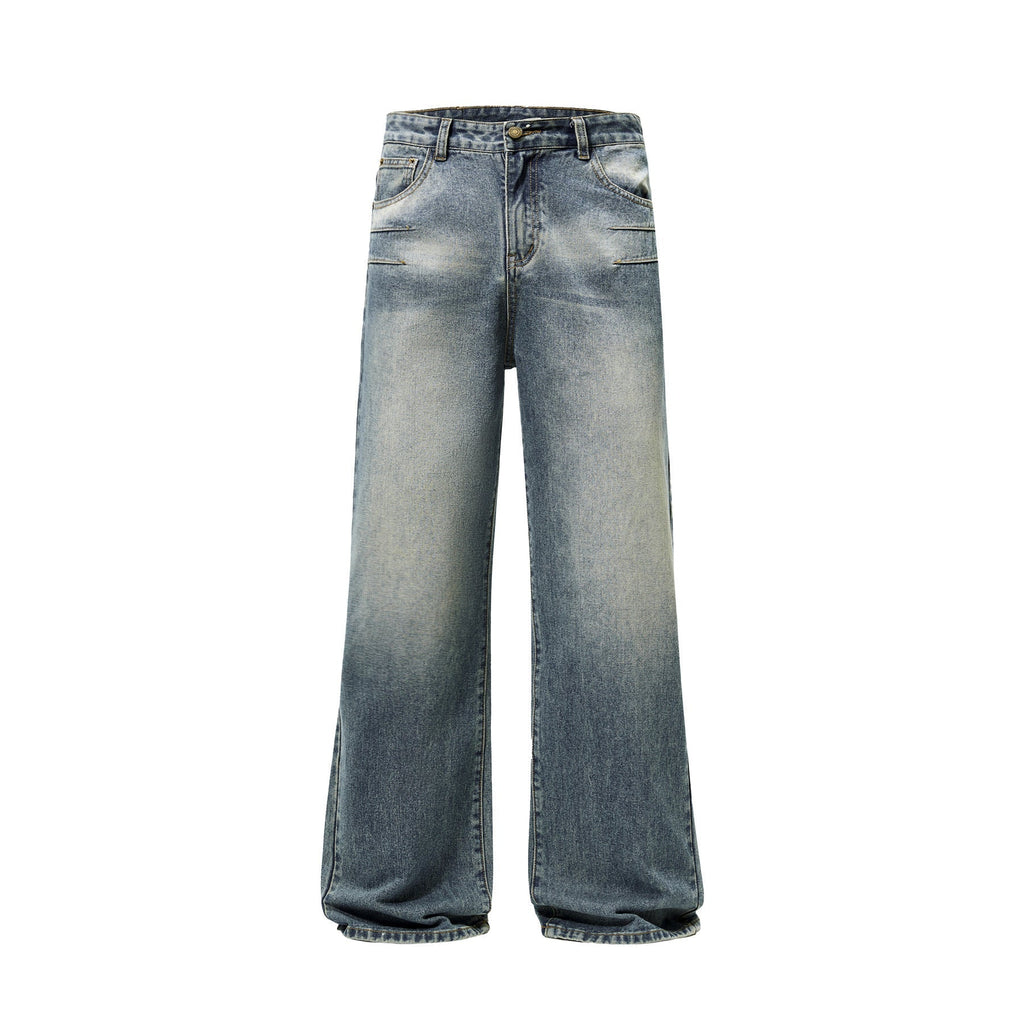 Washed Blue Pleated Jeans Men's Loose