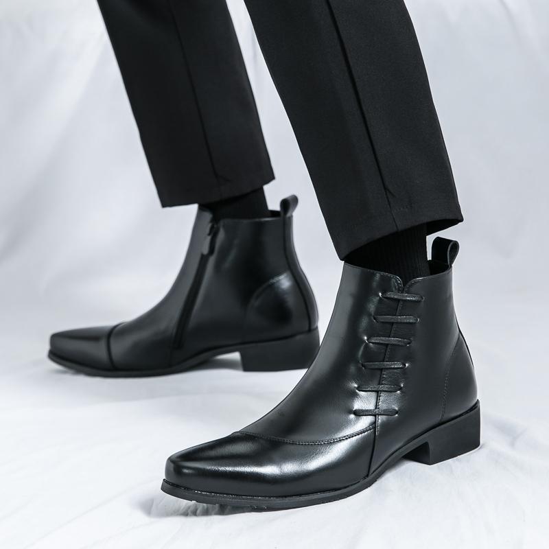Large Size High-top Shoes Side Zipper Color Matching Leather Shoes Men's British Style