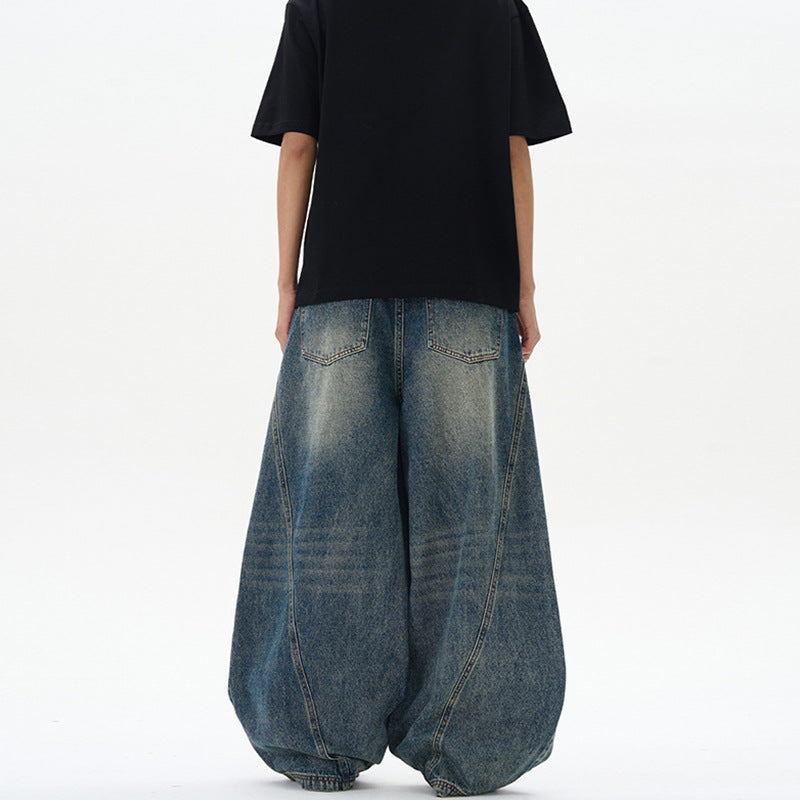 American-style Vintage Blue Washed Tie-dye Bootcut Jeans