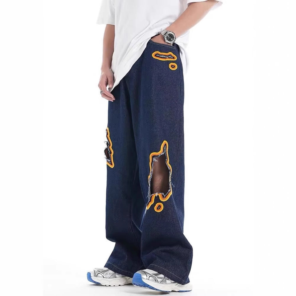 Retro Washed Ripped Embroidery Niche Design Loose Trousers