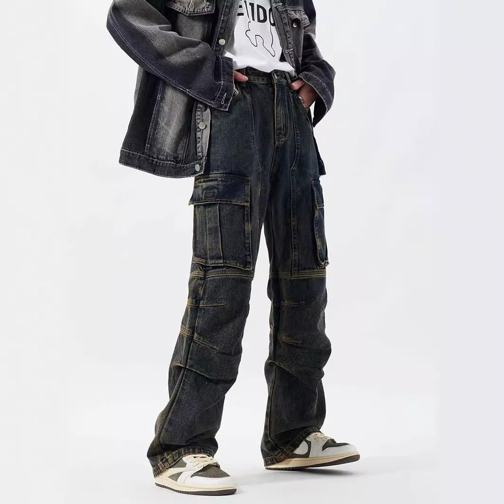 Washed Distressed Multi-pocket Jeans Wide-leg Straight Trousers