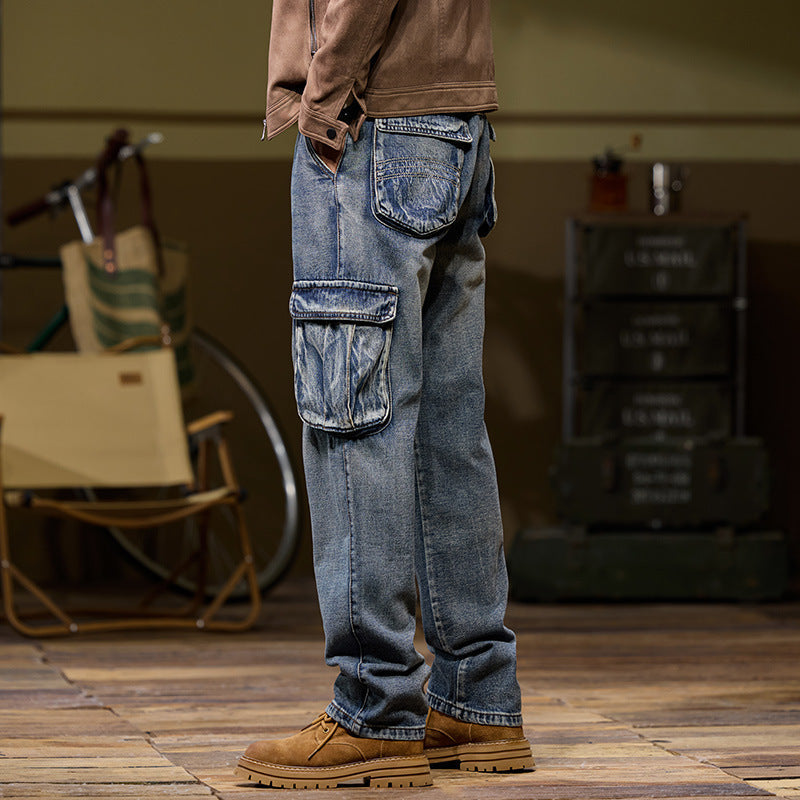 Retro Blue Outdoor Multi-pocket Workwear Jeans