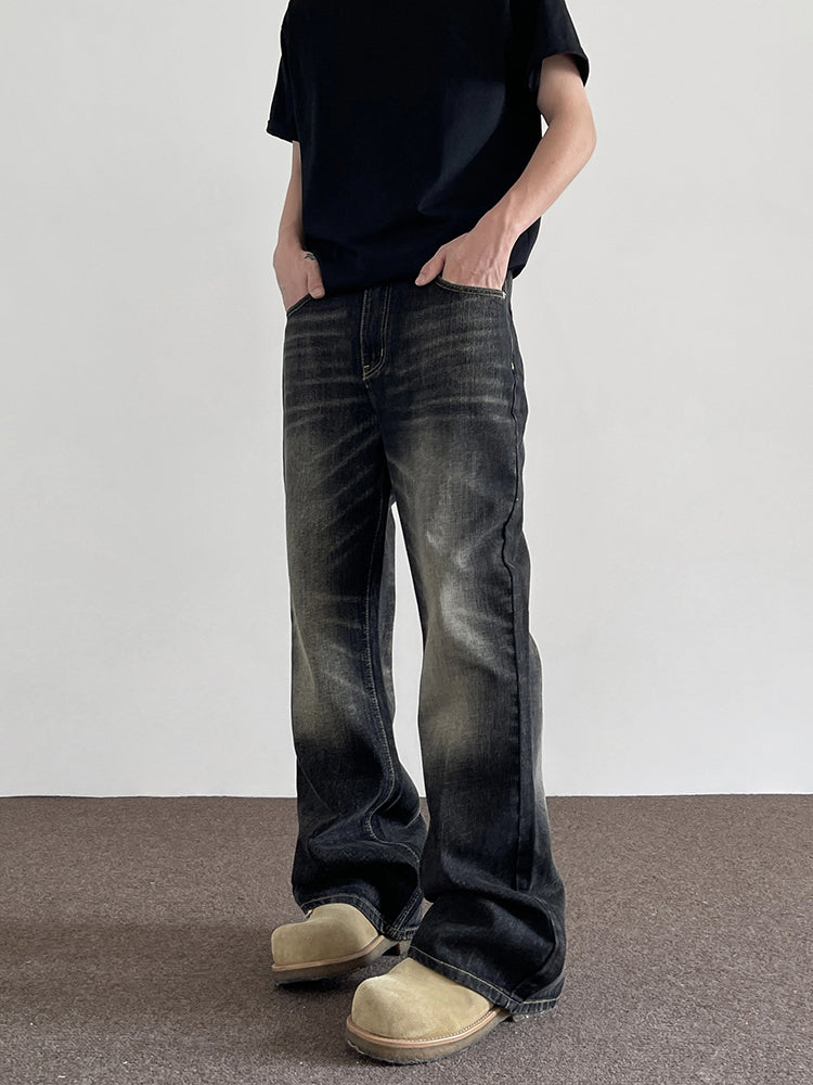 Retro Yellow Mud Dyed Cat Beard Worn Jeans