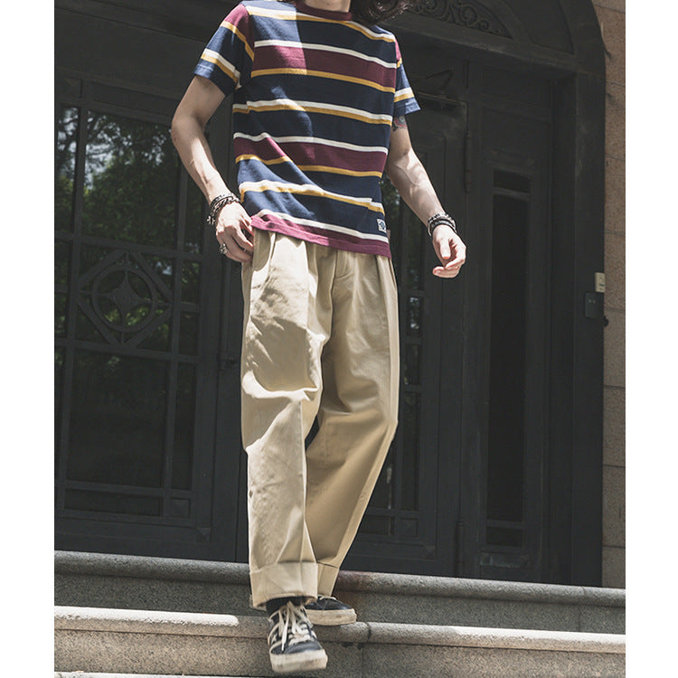 Retro Men's Casual Trousers Two Pleats Loose Cargo