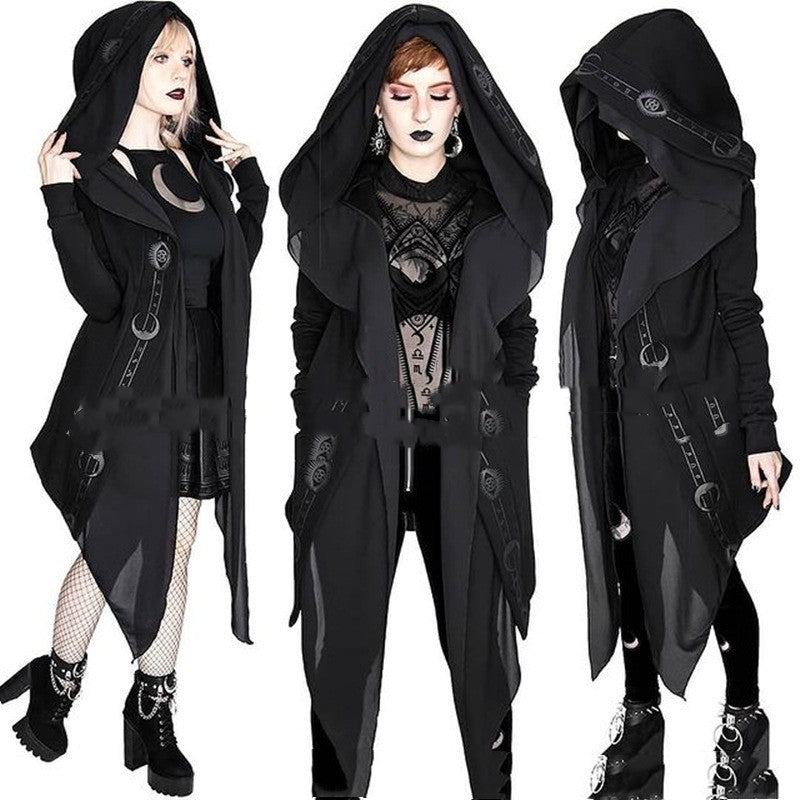 Irregular Black Punk Hooded Jacket Long Patchwork Printed Sweater