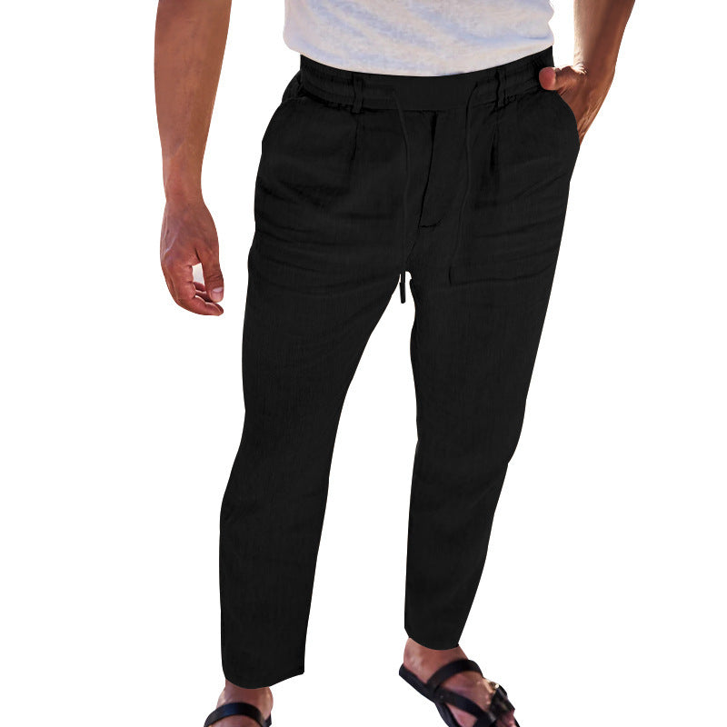 Autumn Thin Casual Cotton And Linen Drawstring Straight-leg Trousers