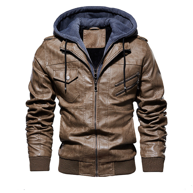 Men's Leather Jacket Men's PU Leather Hooded Jacket