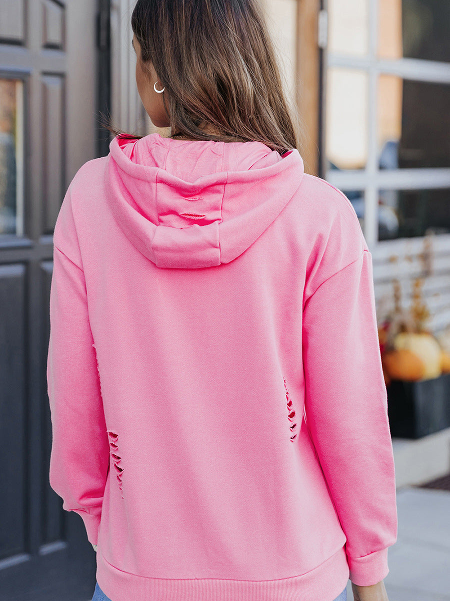 New Solid Color Long-sleeved Drawstring Hoodie Sweater For Women
