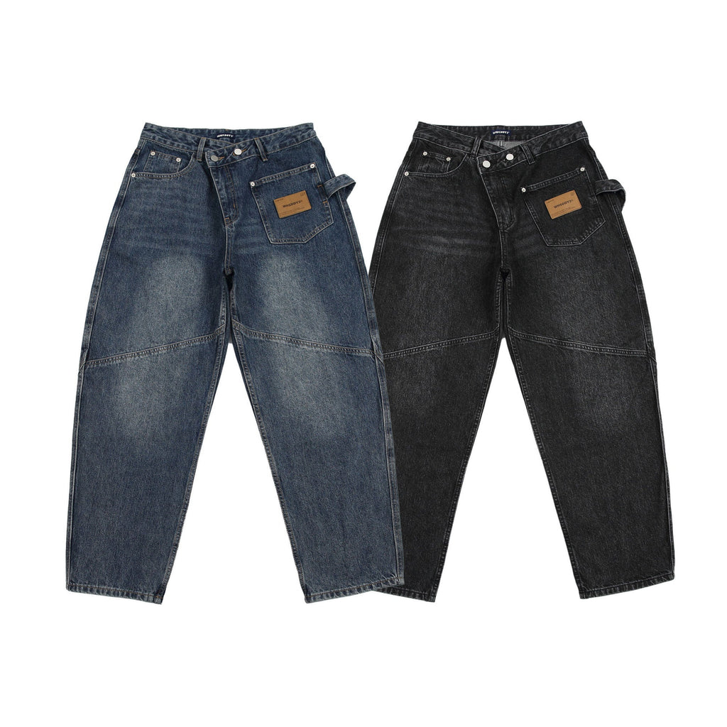 Retro Heavy Washed Oblique Placket Pocket Design Cargo Jeans