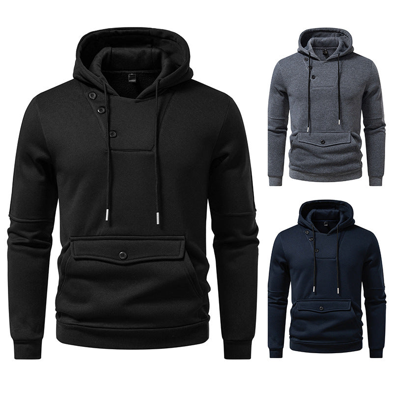 Diagonal Buckle Placket Design Casual Hooded Large Pocket Sweatshirt