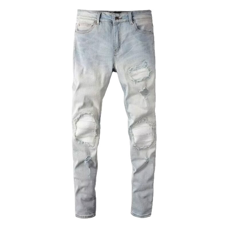 Hole  Patch Jeans Men's Fashion Brand Stretch Slim Fit Feet Washed All-matching