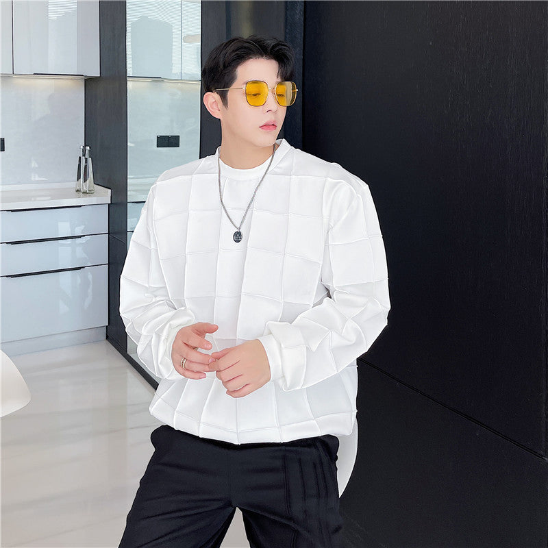 Men's Three-dimensional Crumpled Plaid Round Neck Loose Sweater