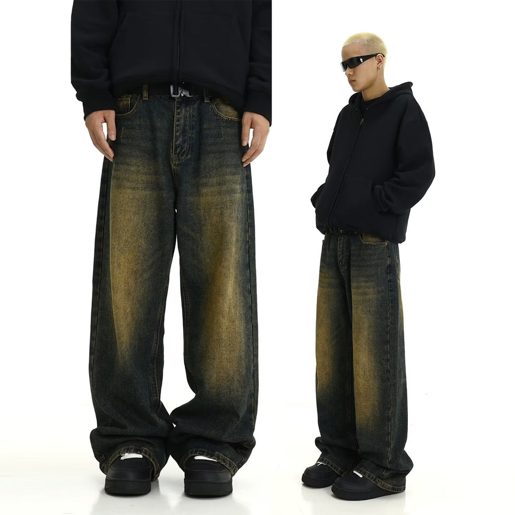 Men's Autumn American Fashion Brand Loose Yellow Mud Dyed Washed Vintage Jeans