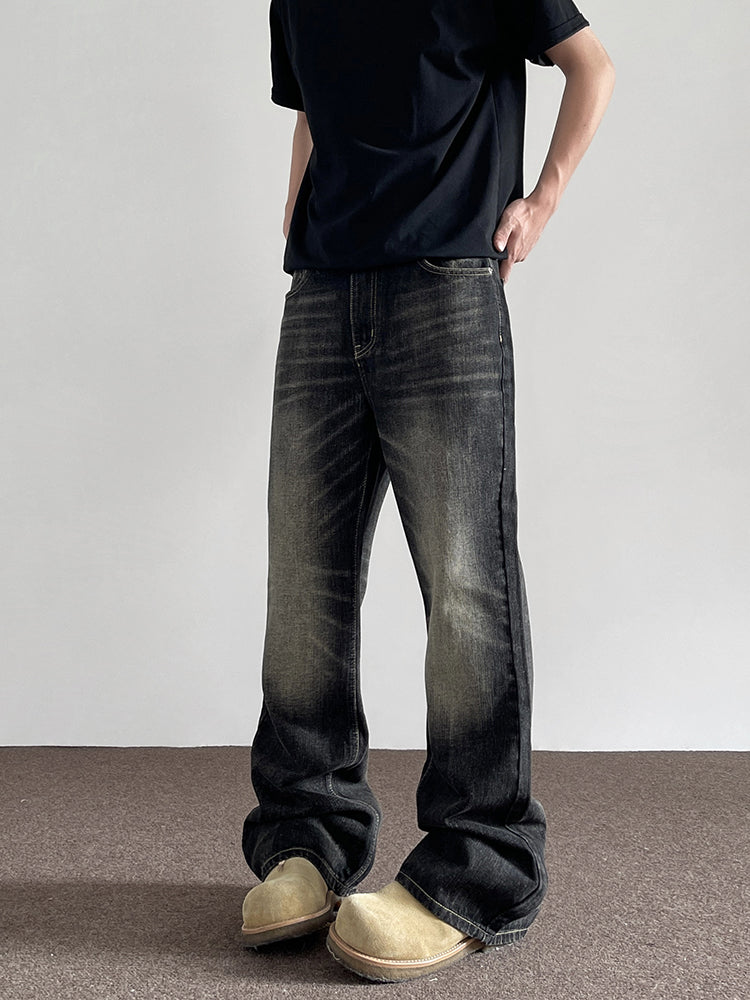 Retro Yellow Mud Dyed Cat Beard Worn Jeans