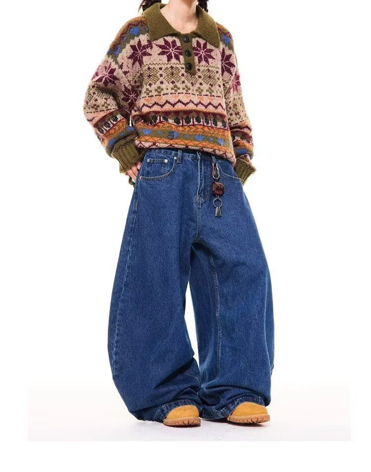 Mens High-Waisted Retro Straight Jeans Summer Wide-Leg Pants