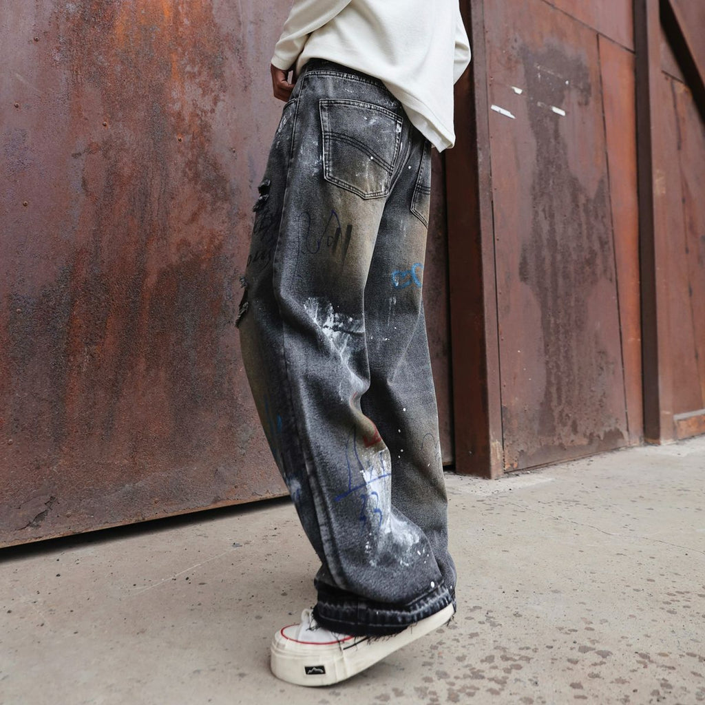 Street Graffiti Ripped Jeans Men And Women Loose Straight Neutral