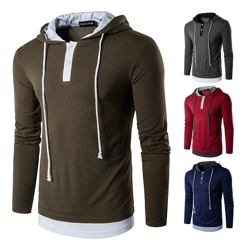 Fake Two-piece Hooded Drawstring Long-sleeved T-shirt