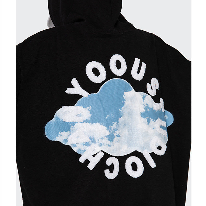 White Cloud Print Loose Men's Sweatshirt Hoodie