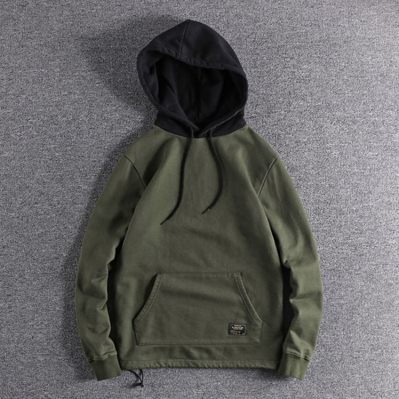 Retro Contrast Color Hooded Sweater Men's Winter Thickened Plus Velvet Jacket