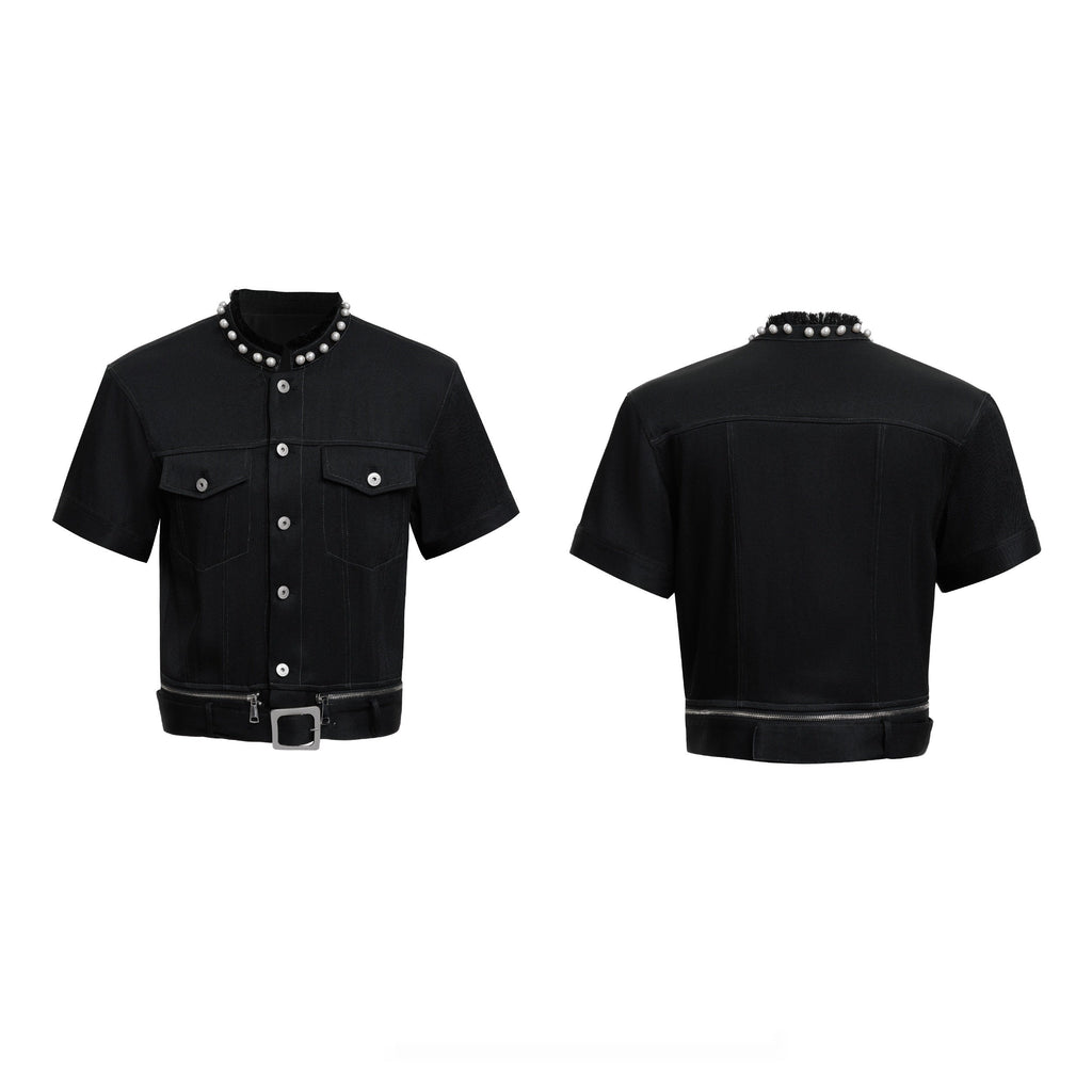 Pearl Edging Short Sleeve Denim Suit