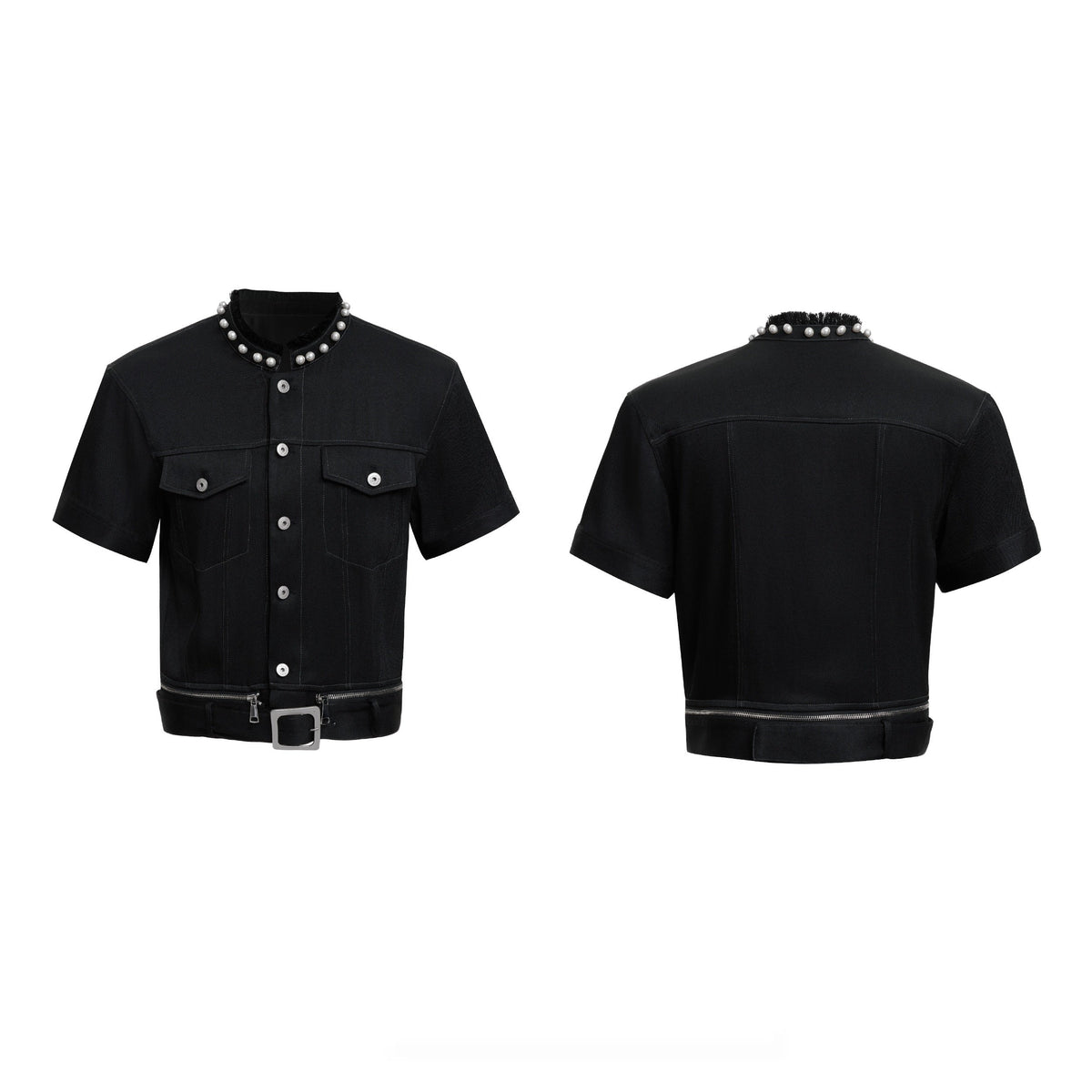 Pearl Edging Short Sleeve Denim Suit