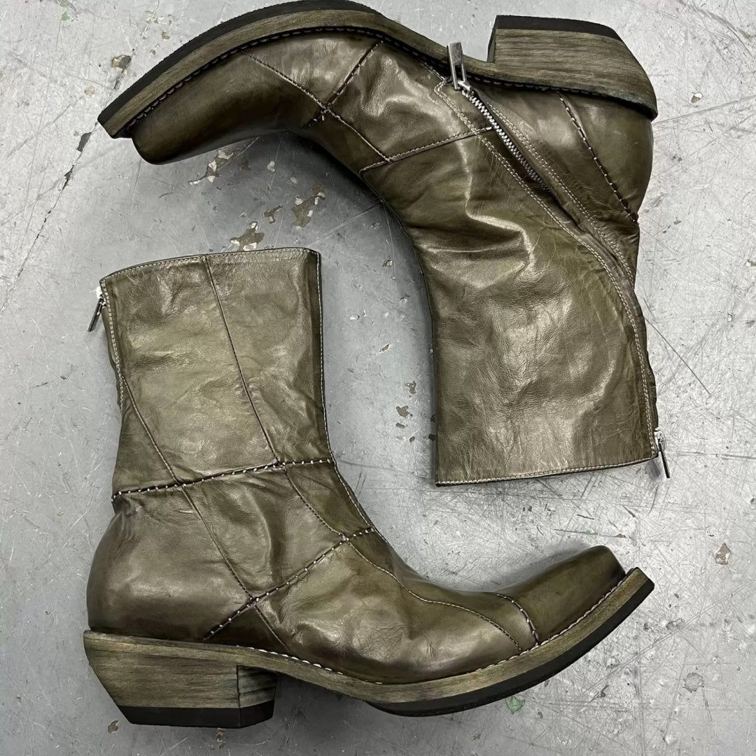 Men's Retro Dark Stitched Patchwork Square Toe Boots
