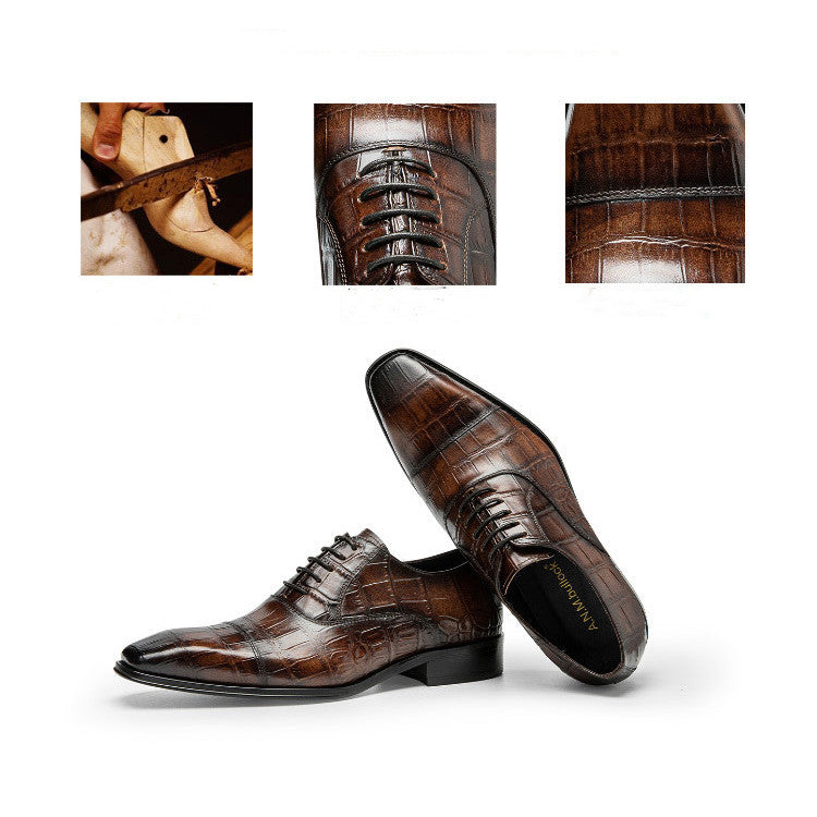 Formal Business First Layer Cowhide Hand Colored Embossed Men's Shoes