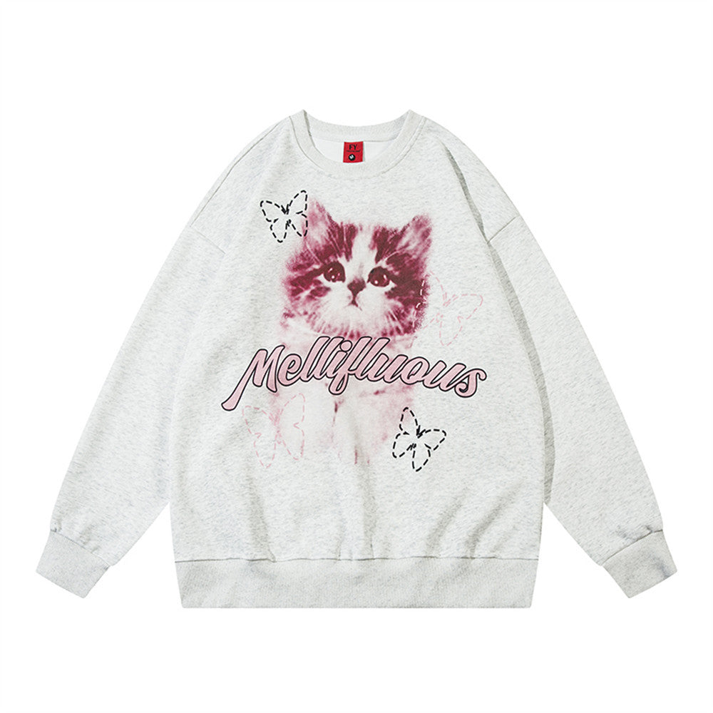 Kitten Animal Print Loose Round Neck Sweater