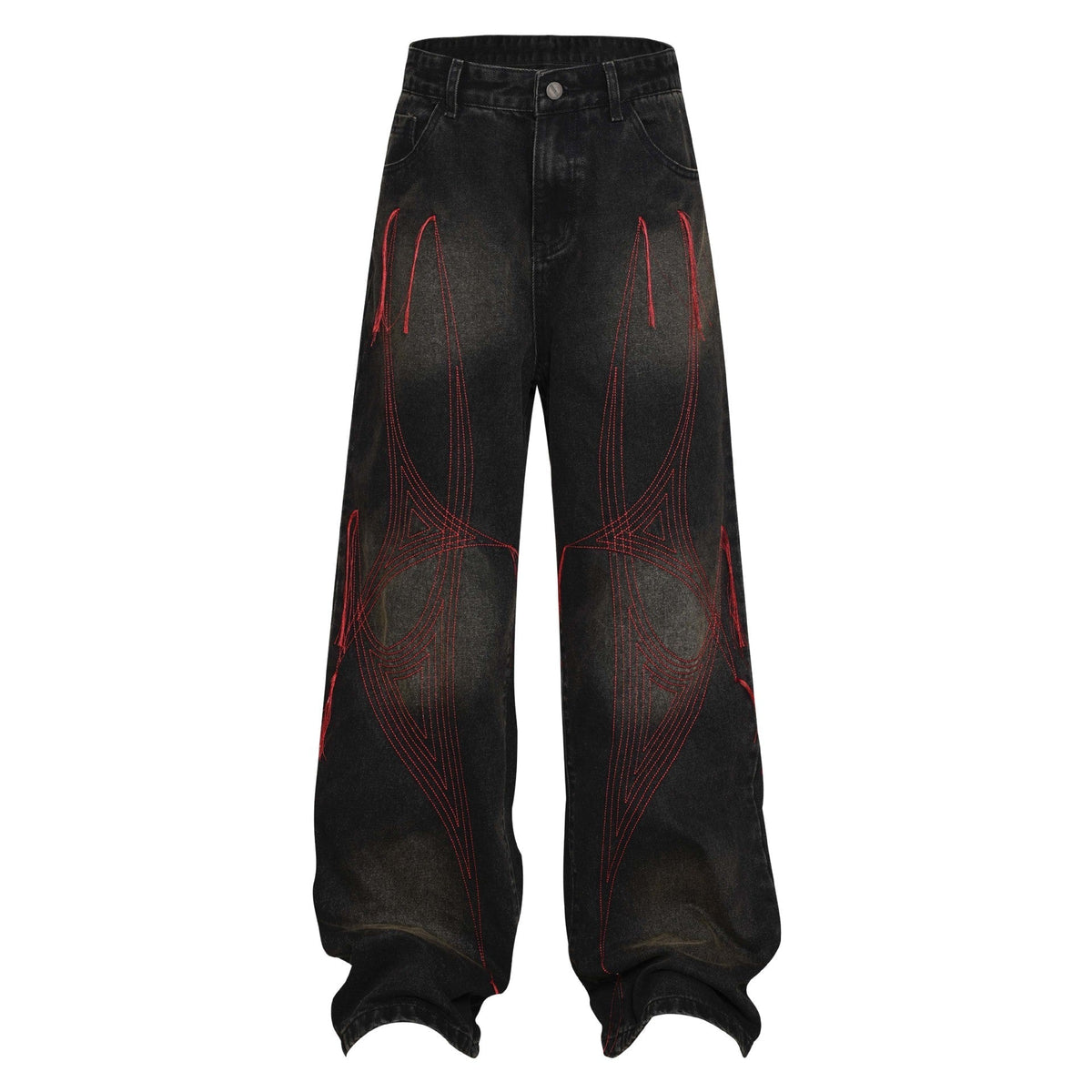 Washed Distressed Embroidery Tassel Jeans Wide-leg Straight Trousers