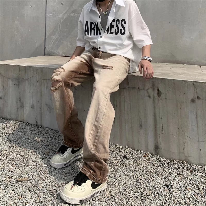 Gradient Distressed Washed Vintage Coffee Color Ripped Jeans For Men