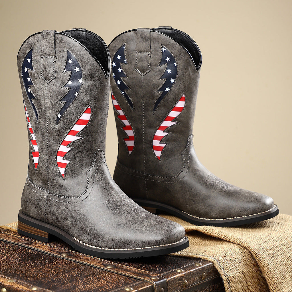 New European And American Thick-heel Leather Patchwork Men's Leather Boots