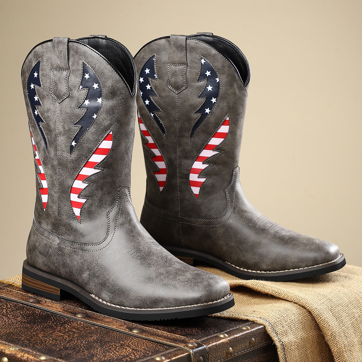 New European And American Thick-heel Leather Patchwork Men's Leather Boots