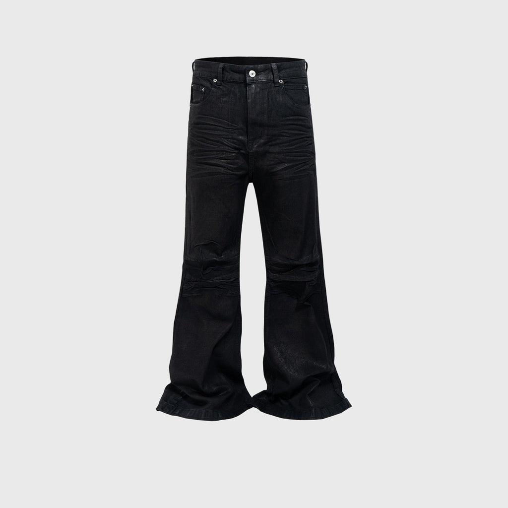 Vinyl Coated Wide Leg Trousers Crease Texture Jeans