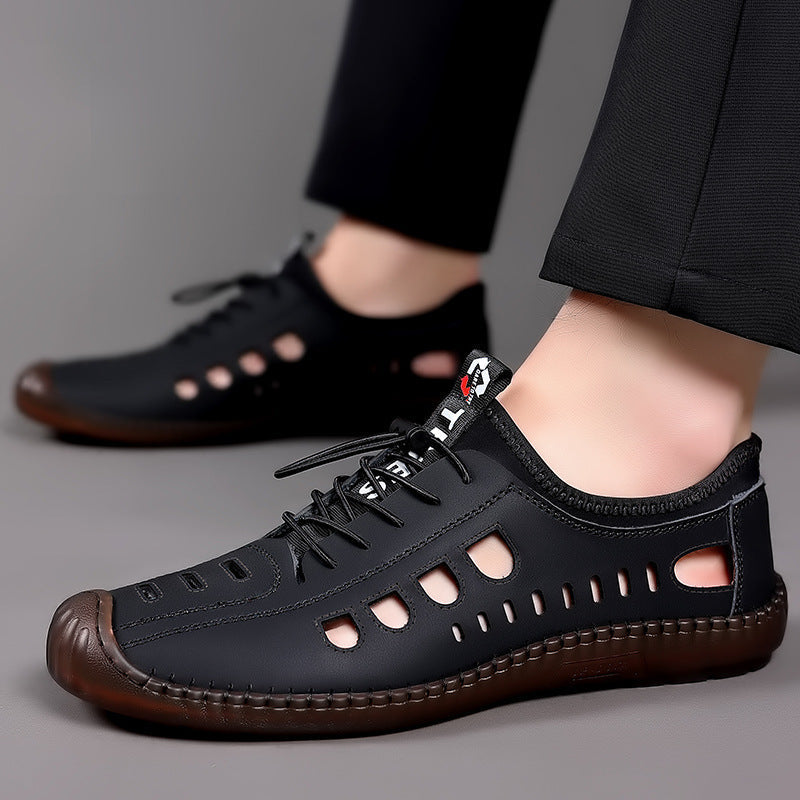 Men's Sandals Hollow Leather Soft Bottom Hole Shoes