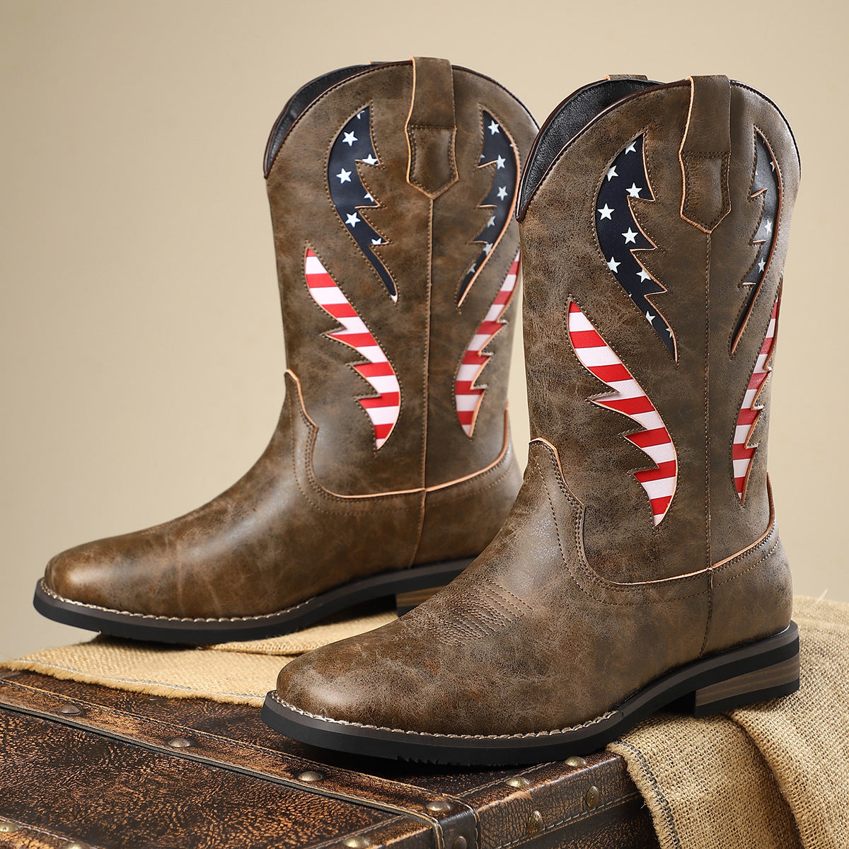New European And American Thick-heel Leather Patchwork Men's Leather Boots