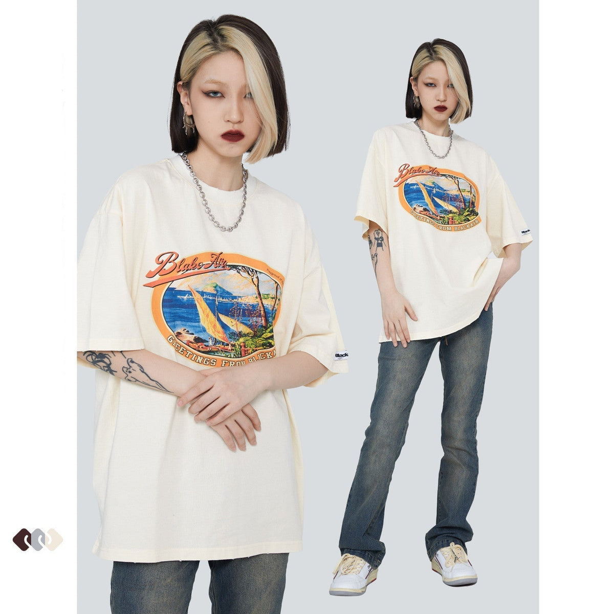Men's And Women's Retro Washed And Old Printed Short Sleeves