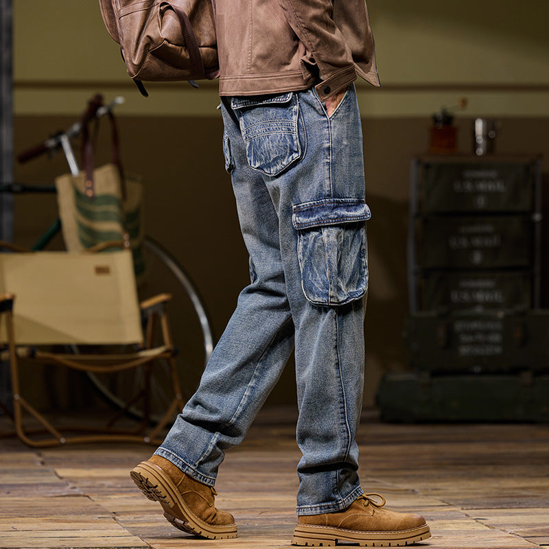 Retro Blue Outdoor Multi-pocket Workwear Jeans