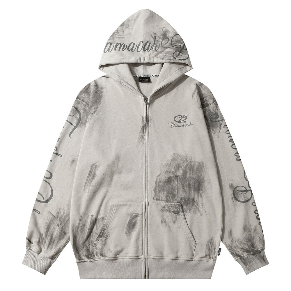 Tie-dye Letter Printing Hooded Cardigan Sweater