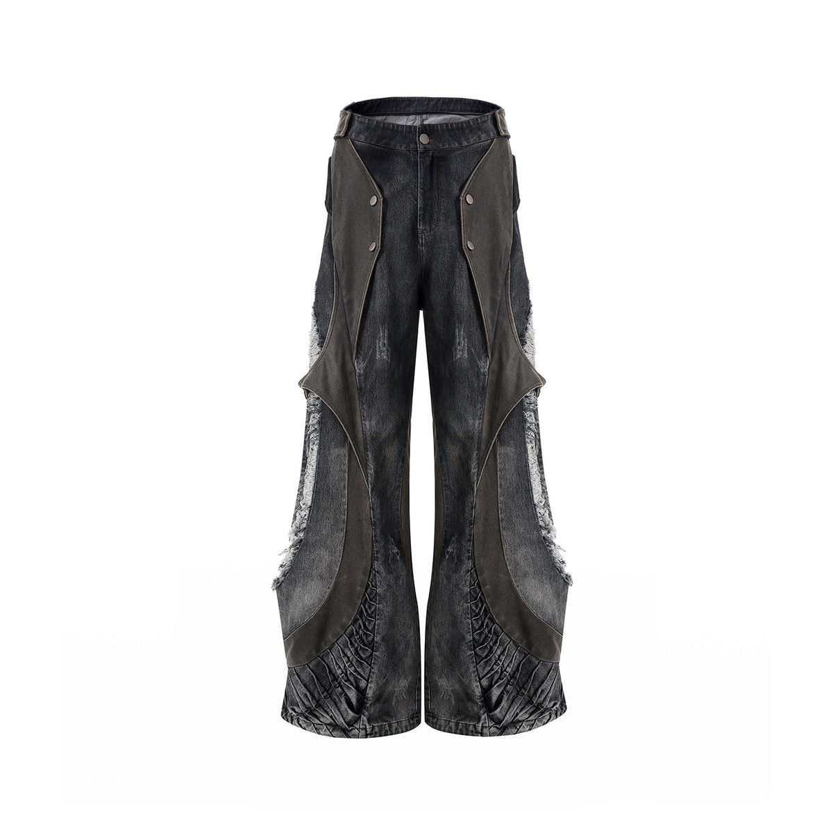 Structure Leather Patchwork Men's Summer Snake Bone Pleated Wide Leg Mop Pants
