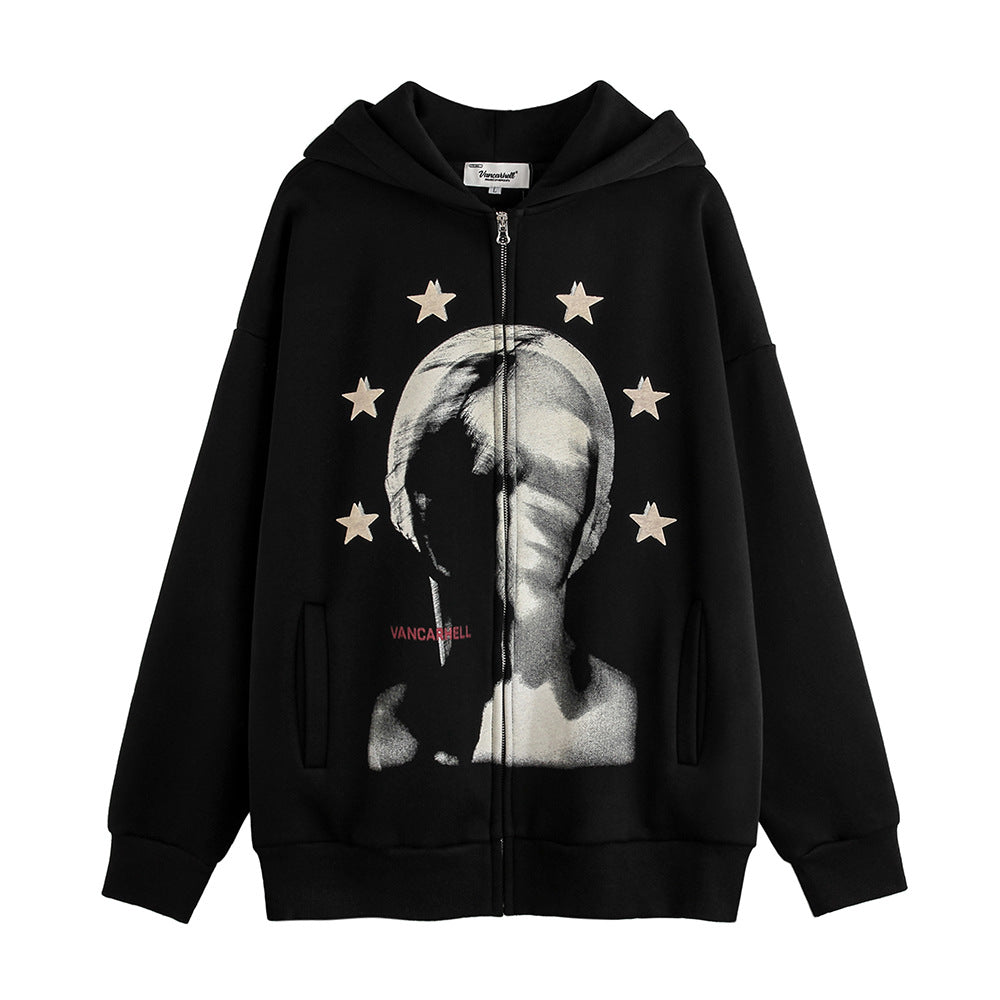 Depressed Abstract Printing Fleece Cardigan Sweater