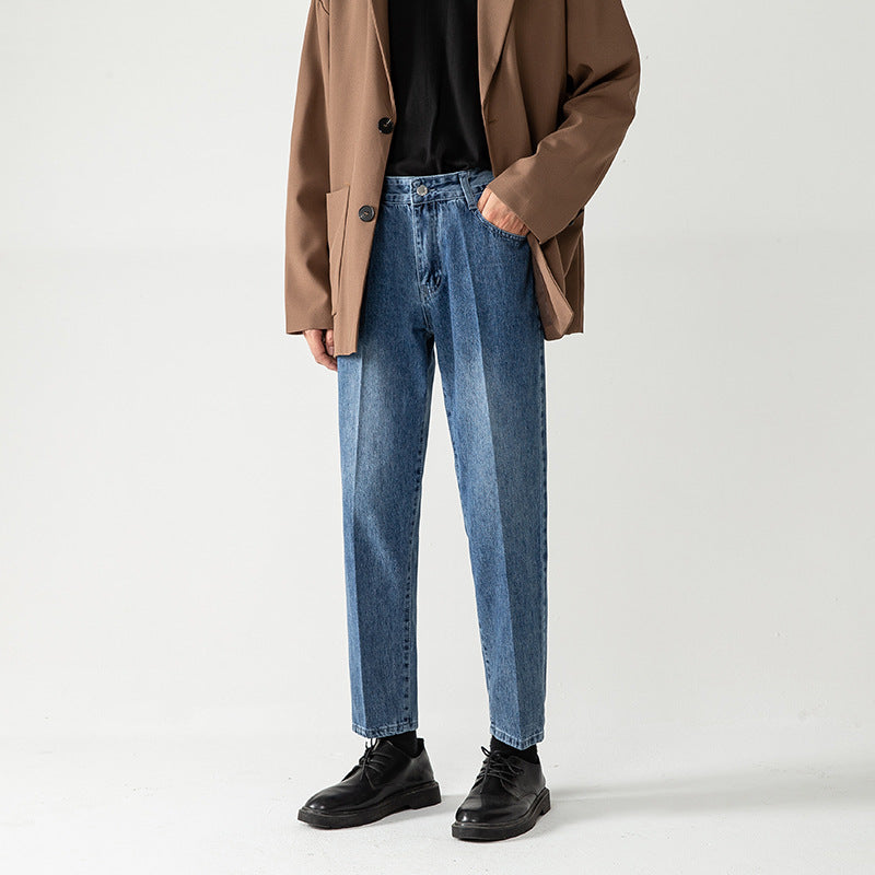 Men's Loose Straight Light Blue Cropped Pants