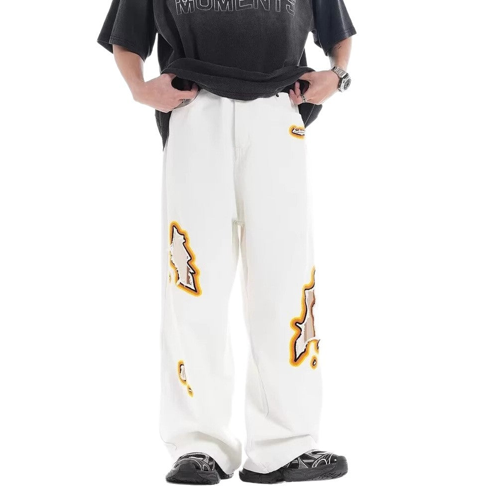 Retro Washed Ripped Embroidery Niche Design Loose Trousers