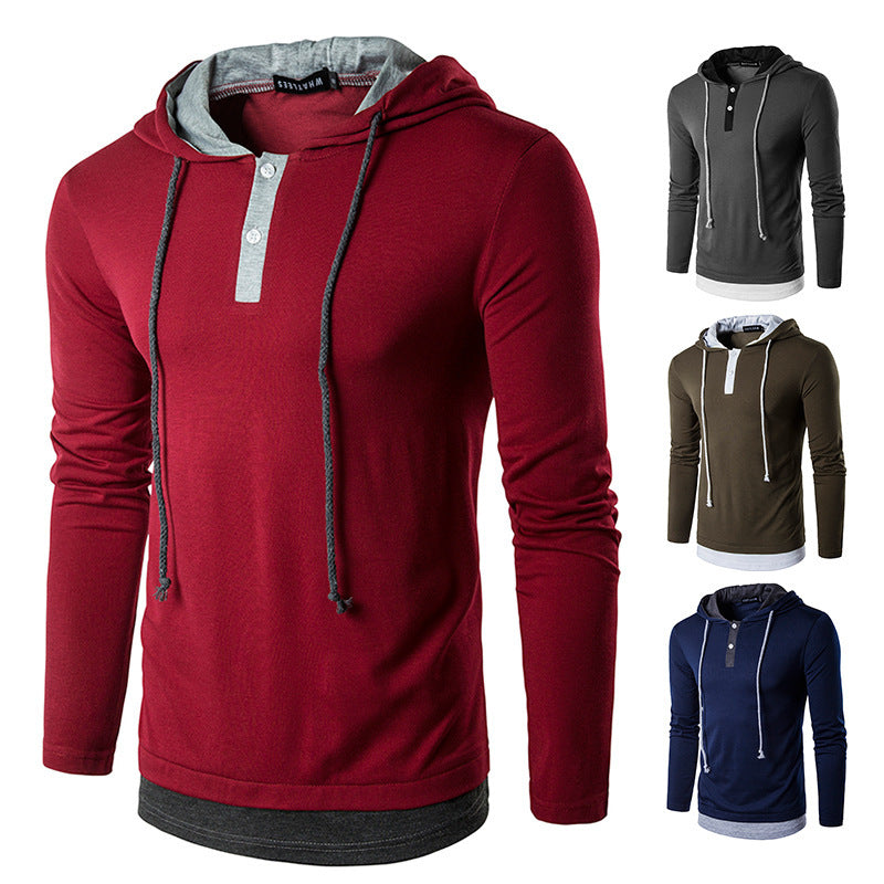 Fake Two-piece Hooded Drawstring Long-sleeved T-shirt