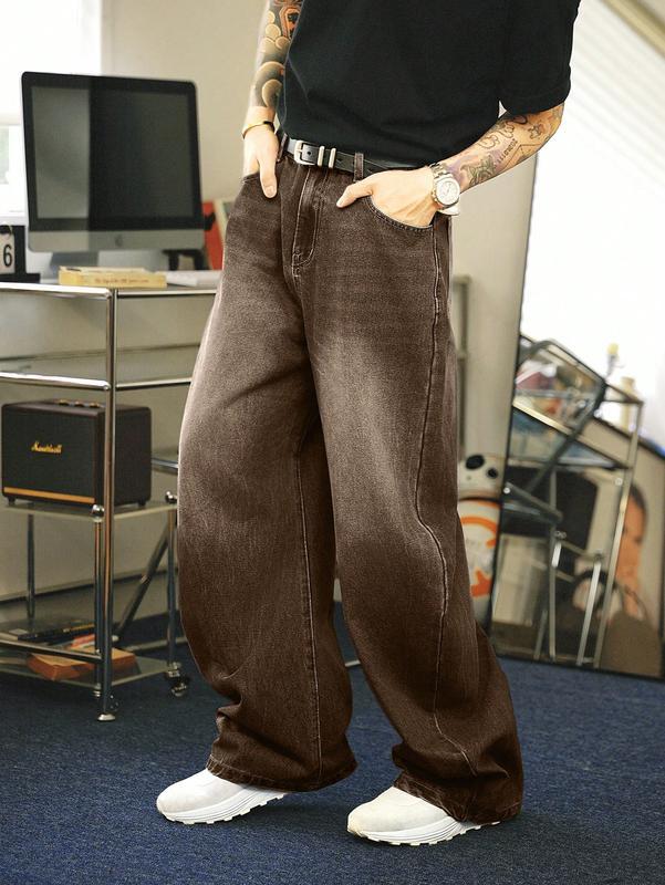 Men's Brown Washed Loose Flared Jeans